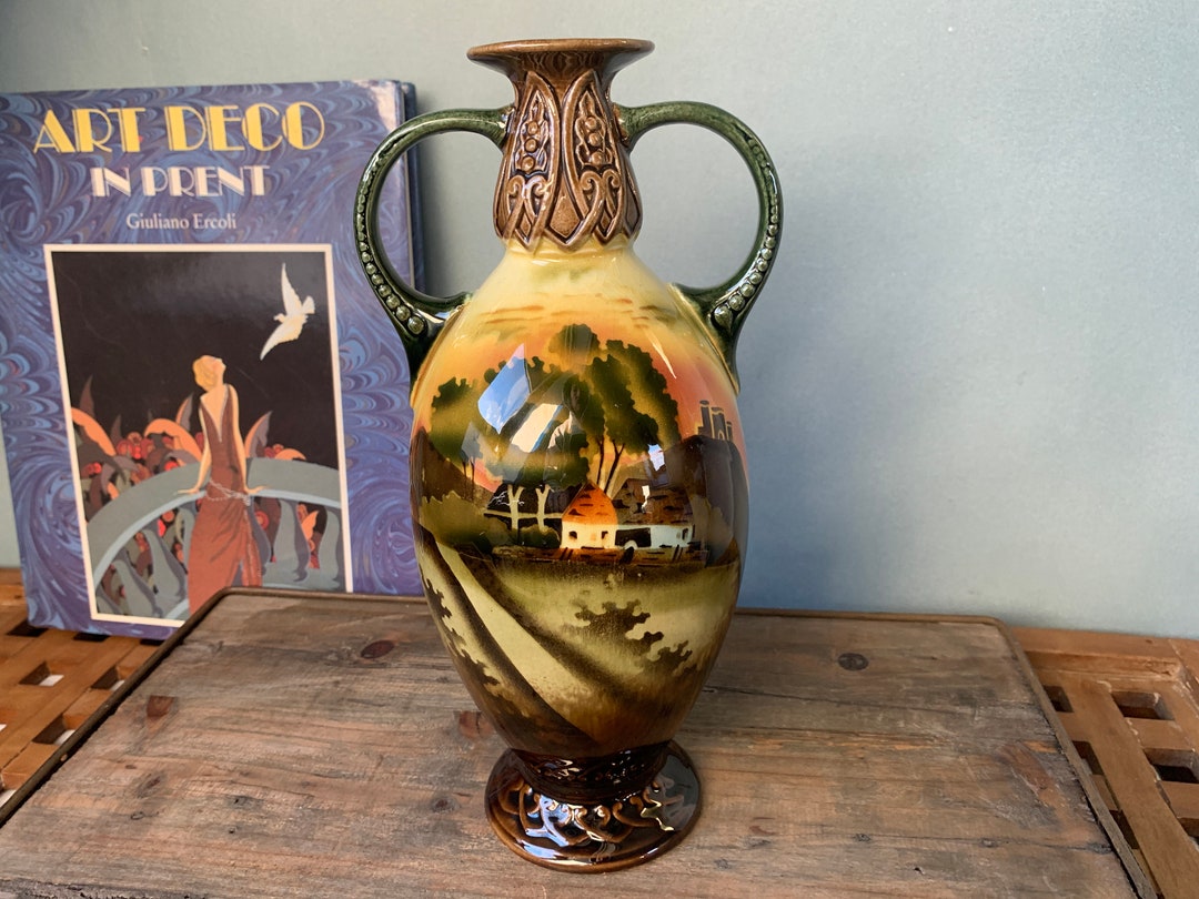 Art Nouveau Flower Vase Bihl Czechoslovakia Landscape Antique Double