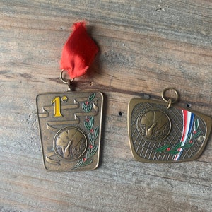 Juego de 2 raras cartas de póker con medalla vintage de los años 60, con colgante Top Trump, en tono bronce, 1968
