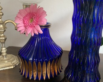 アートガラスの花瓶 コバルトブルー ゴールド ヴィンテージ トール