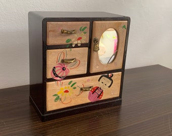 Japanse make-updoos kleine ladekast houten handbeschilderd vintage antiek met spiegel Poppenmeubels