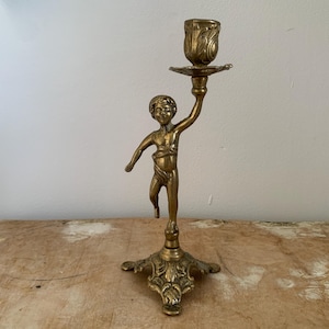 Brass Angel Cherub Candlestick Holder Antique