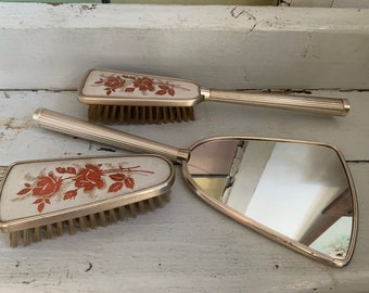 50s Set of 3 Hair brush Clothes  brush Hand mirror Pink Rose Vintage