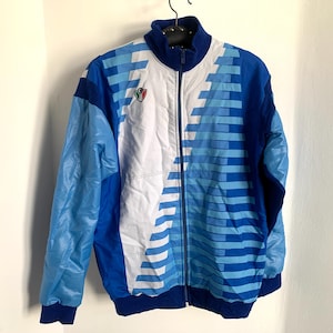 Zeldzame jaren 80/90 Bayer Euromotte-fietstrainingsjack blauw vintage