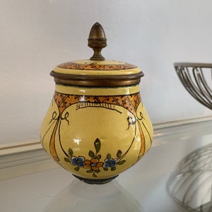 Stoneware Trinket box Antique Yellow Flower Jewelry box Brass