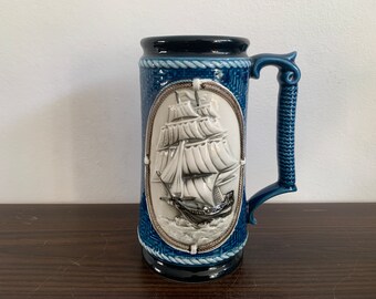 Ceramic Beer Stein Sailing Ship Blue White Beer Mug Vintage