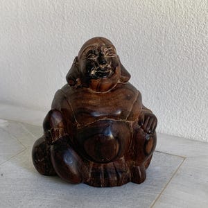Wooden Antique Buddha Laughing Happy Figurine Statue Carving Chinese Small Brown