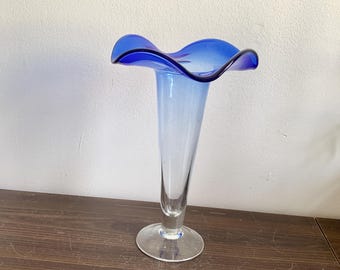 コバルトブルー ガラス製 花瓶 フリル縁 ヴィンテージ - Etsy 日本