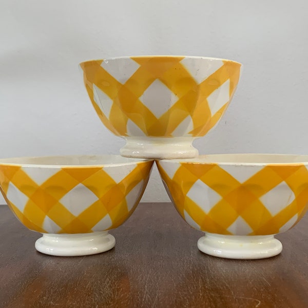 Sarreguemines Antique Vintage Cafe au lait bowl  Ceramic Yellow orange Check pattern Retro pop