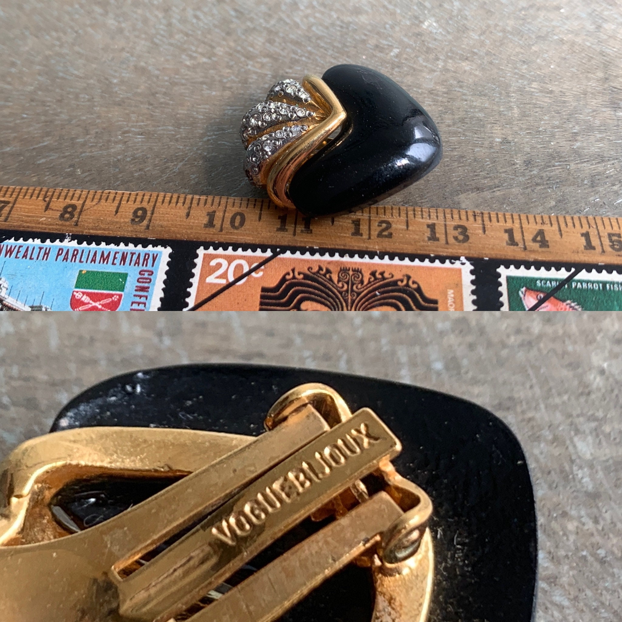 VOGUE BIJOUX Earrings Gold Black Heart Large Vintage VOGUE BIJOUX Earrings Gold Black Heart Large Vintage