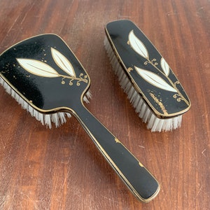 50s Set of 2 Hairbrush and Clothes Brush Black painted  Brass line White flower Art Deco style Vintage Antique