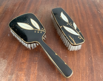 50s Set of 2 Hairbrush and Clothes Brush Black painted  Brass line White flower Art Deco style Vintage Antique