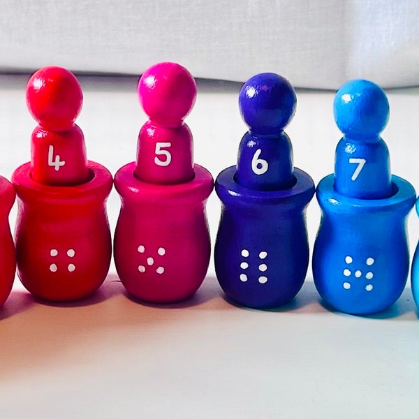 Early years EYFS colour and number peg pot people matching game.