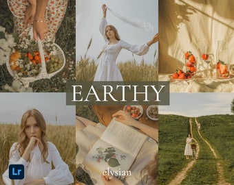 May include: A collage of images featuring a woman in a white dress, a basket of fruit, a book, and a path through a field. The text "EARTHY" is displayed in a large font. The word "elyssian" is also visible in the image.