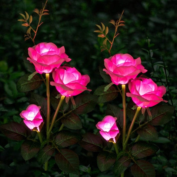 Solar Flower Lights, Solar Garden lights, Solar Lights Outdoor, (2 Pack)  Solar powered Stake Lights Beautiful Pink Rose Light for Garden
