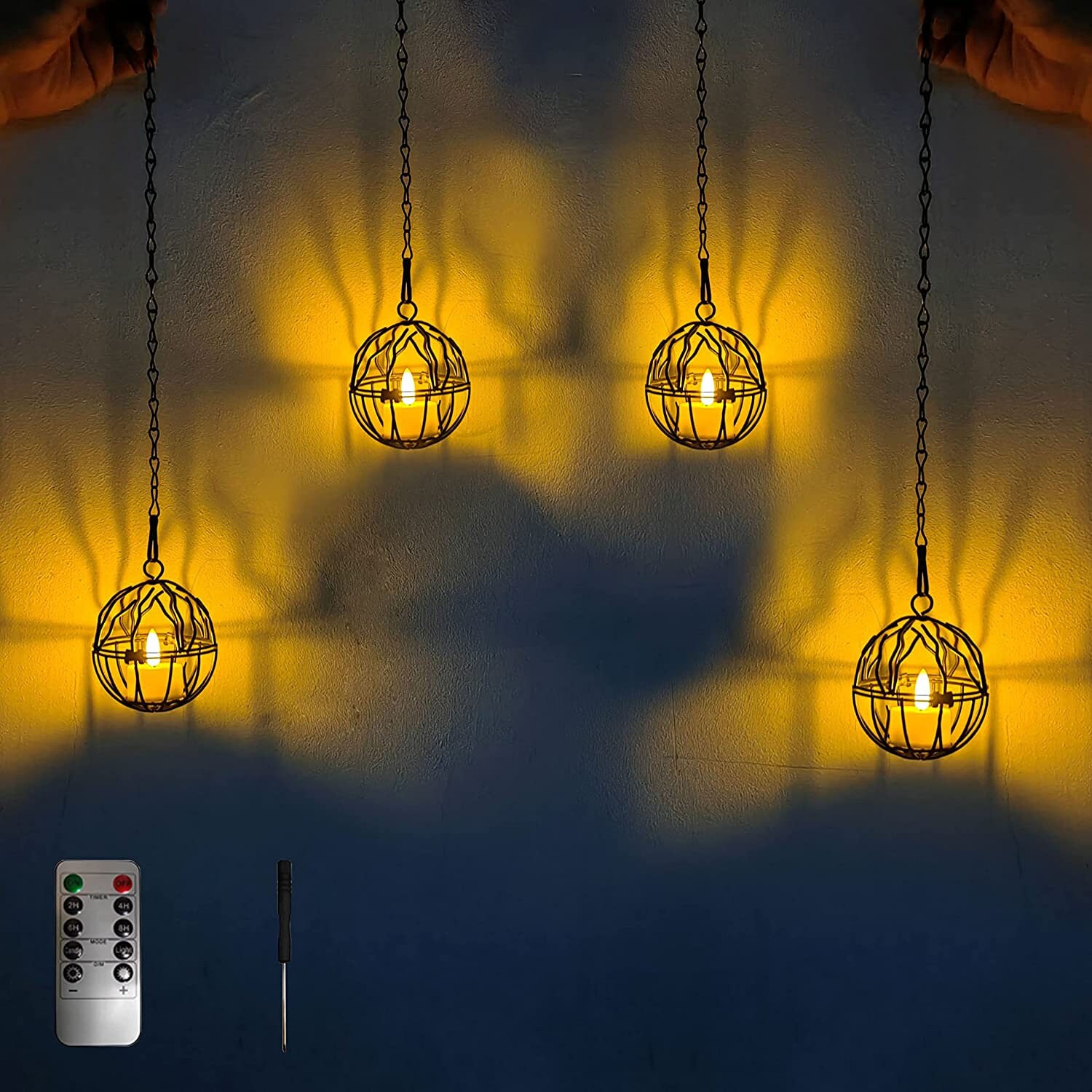Hanging Cage Lights Remote Controlled Hanging Candles 4pack Solar