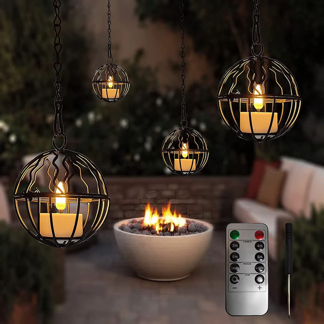 Image showcasing Remote Control Hanging Candles 4pack Solar Lantern Lights, Solar Garden ...