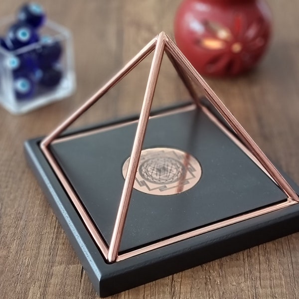 Copper Energy Pyramid for Meditation Healing – Wood Copper Giza Pyramid with Sri Yantra Energy Mat-Handmade 100% Copper Energy Pyramid