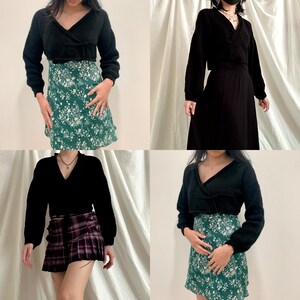 May include: Four different women are wearing black sweaters with different skirts. The sweaters are all the same style, with a V-neck and long sleeves. The skirts are all different styles, including a floral print skirt, a plaid skirt, and a solid black skirt.