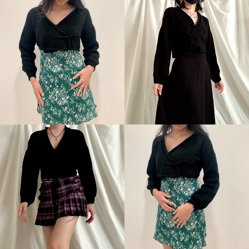 May include: Four different women are wearing black sweaters with different skirts. The sweaters are all the same style, with a V-neck and long sleeves. The skirts are all different styles, including a floral print skirt, a plaid skirt, and a solid black skirt.