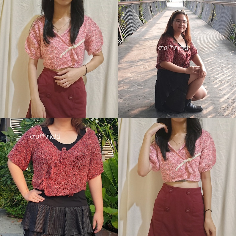May include: A pink and white knitted crop top with a tie detail. The top is shown being worn with a burgundy skirt.