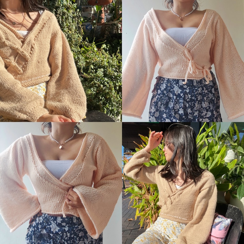May include: A light peach-coloured knitted cardigan with a wrap front and long sleeves. The cardigan is shown in three different poses on three different models.