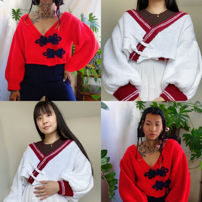 May include: Four different models wearing red and white knit sweaters with contrasting trim. The sweaters have a V-neck and are cropped. The sweaters have a unique knot detail at the front.