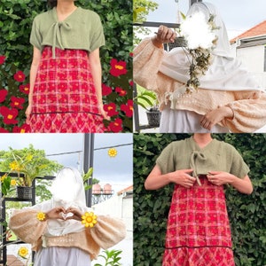 May include: Four different models wearing a green short-sleeved knitted crop top with a tie detail at the front. The models are wearing the top with a red and white checked skirt.