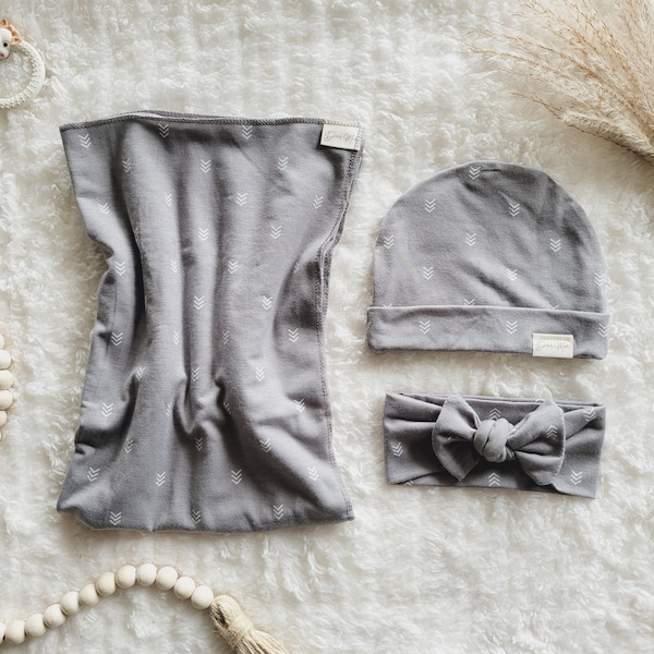 Baby Swaddle Set in Gray Arrows- Swaddle with Headband and/or Beanie Hat - Gender Neutral,  Baby Girl, Baby Boy