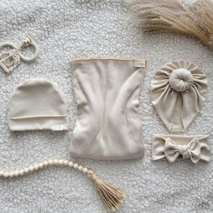 Baby Swaddle Set in Light Beige- Swaddle, Knotted Headwrap, Headband, Beanie Hat - Gender Neutral, Baby Girl, Baby Boy