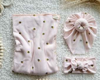 Baby Swaddle Set in Pink Bumblebees- Swaddle, Knotted Headwrap and/or Headband