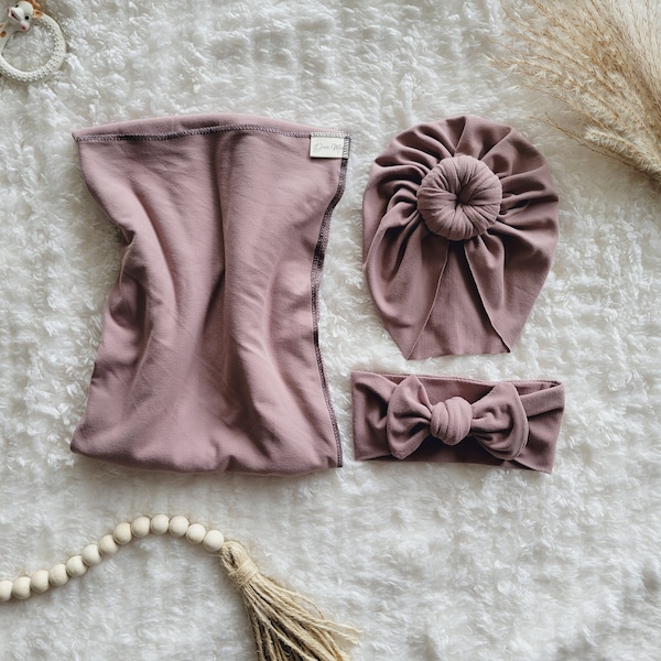 Baby Swaddle Set in Dusty Lavender- Swaddle, Knotted Headwrap and/or Headband - Baby Girl