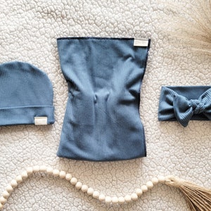 Inbakerdoek voor baby in rokerig blauw - inbakerdoek met hoofdband en/of beanie - genderneutraal, babyjongen, babymeisje