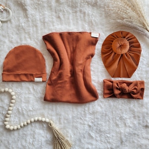 Baby Swaddle Set in Rust- Swaddle, Knotted Headwrap, Headband, Beanie Hat - Gender Neutral, Baby Girl, Baby Boy