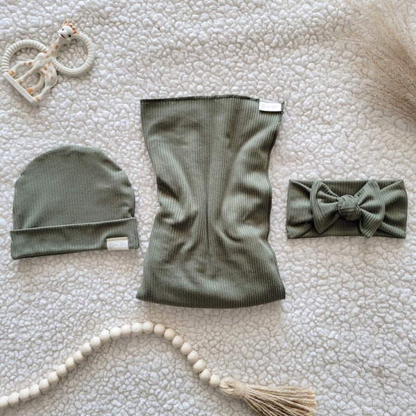 Baby Swaddle Set in Dusty Olive- Swaddle, Headband, Beanie Hat - Gender Neutral, Baby Girl, Baby Boy