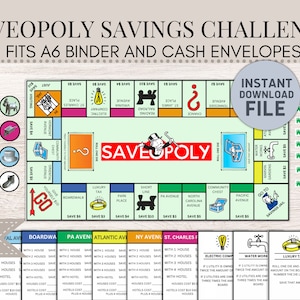 Saveopoly Savings Challenge | Saveopoly tracker | A6 Savings Challenge | A6 Savings Tracker | A6 Savings Binder | Cash Envelopes