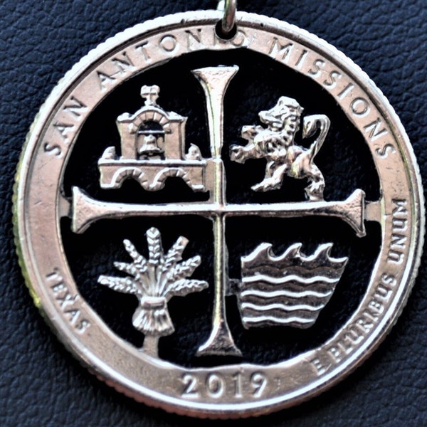 San Antonio Texas Missions Cut Coin Pendant Necklace