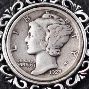 Authentic 1923 Silver Mercury Head Dime Coin Pendant Necklace