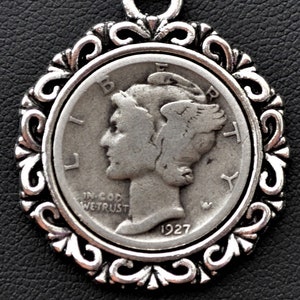 1927 Vintage SIlver Mercury Head Dime Pendant Necklace