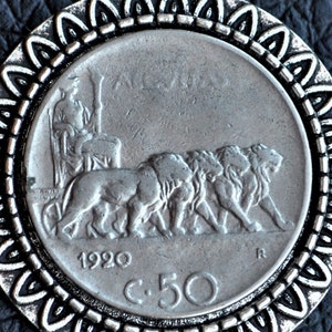 1920&#39;s Italy Chariot with Lions Coin Pendant Necklace