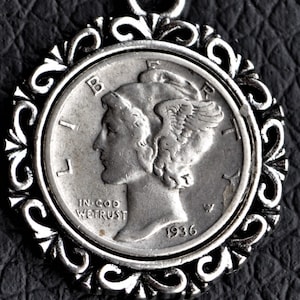 Vintage 1936 Silver Mercury Head DIme Coin Pendant
