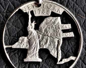 New York Quarter Cut Coin Necklace Pendant, Statue of Liberty - Etsy