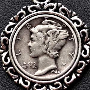 1944 Silver Vintage Mercury head Dime Coin Pendant Necklace