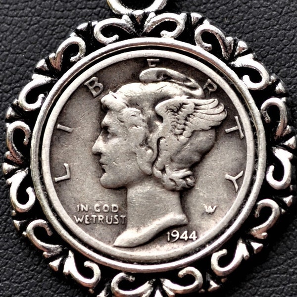 1944 Silver Vintage Mercury head Dime Coin Pendant Necklace