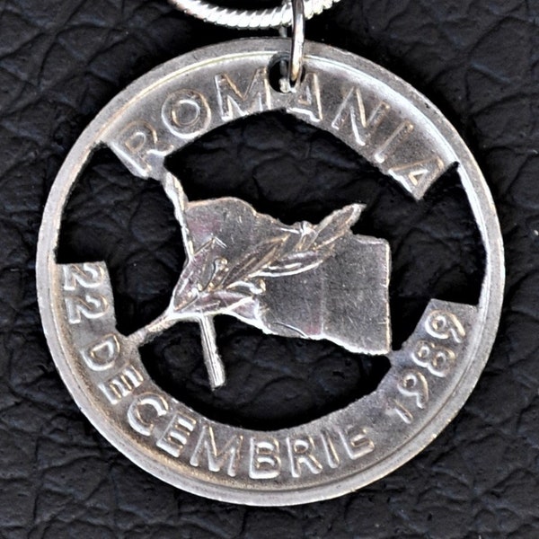 Romania Revolution Anniversary Flag Cut Coin Pendant Necklace