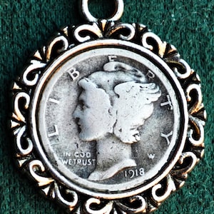 1918 Silver Mercury Head Dime Pendant Necklace