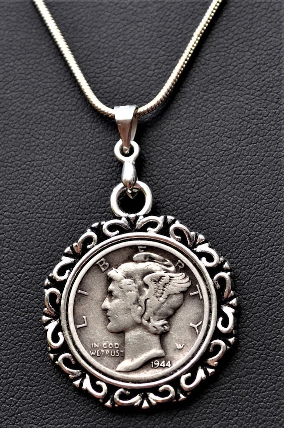 1944 Silver Vintage Mercury head Dime Coin Pendant