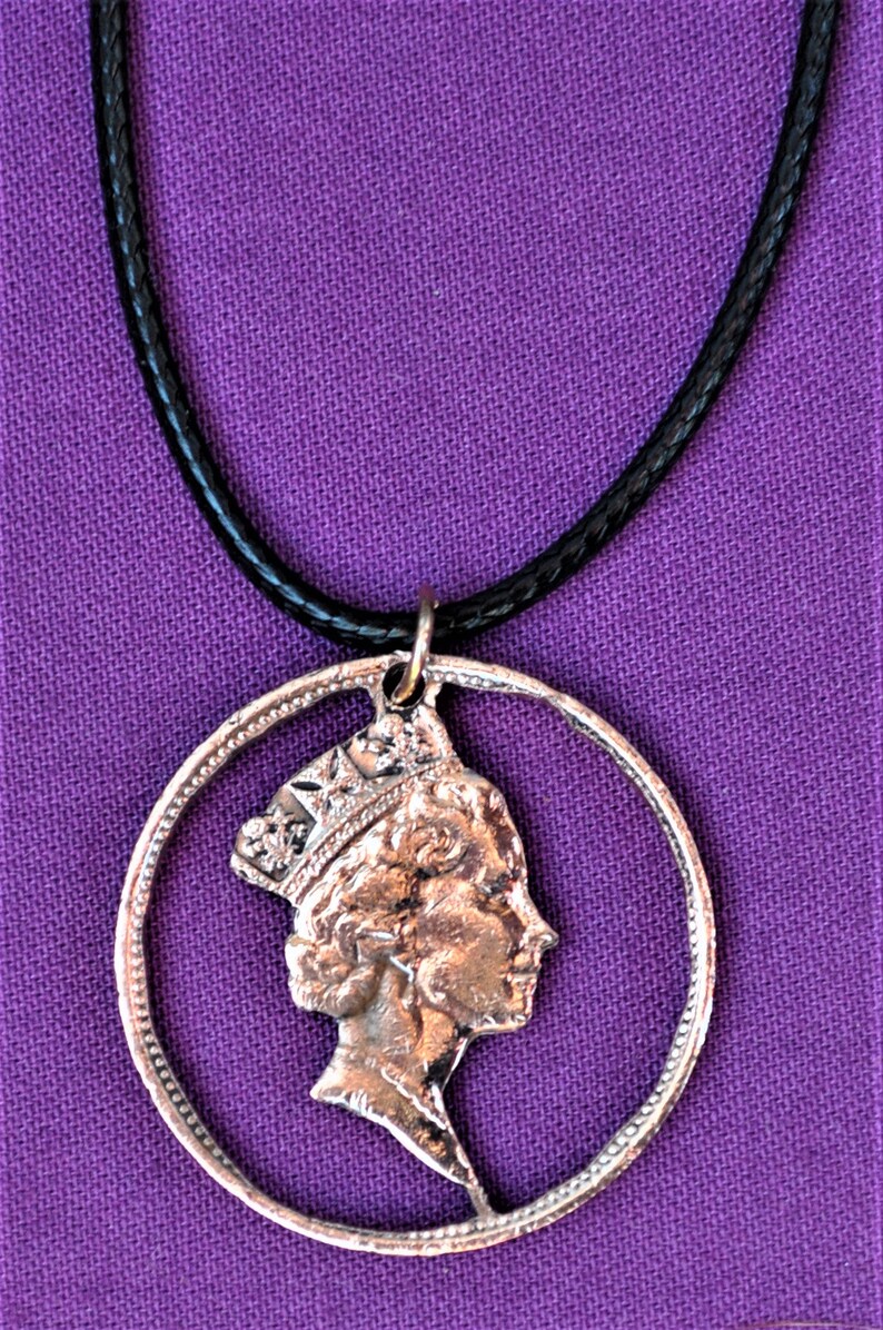 Queen Elizabeth Bronze Cut Coin Pendant Necklace Etsy