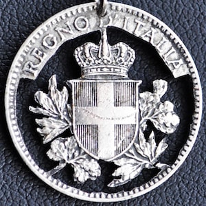 Italy 1919 Crowned Savoia Shield Cut Coin Pendant Necklace