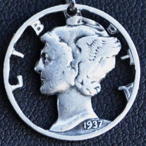 Authentic SIlver Mercury Head Dime Cut Coin Pendant Necklace