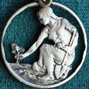 Czech Republic Woman Tree Planting Cut Coin Pendant Necklace